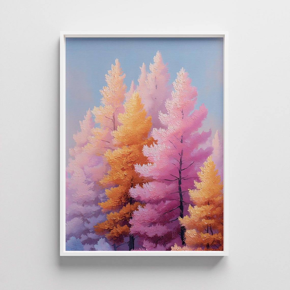Pastel Pink Orange Autumn Forest Impasto Trees Painting Wall Poster