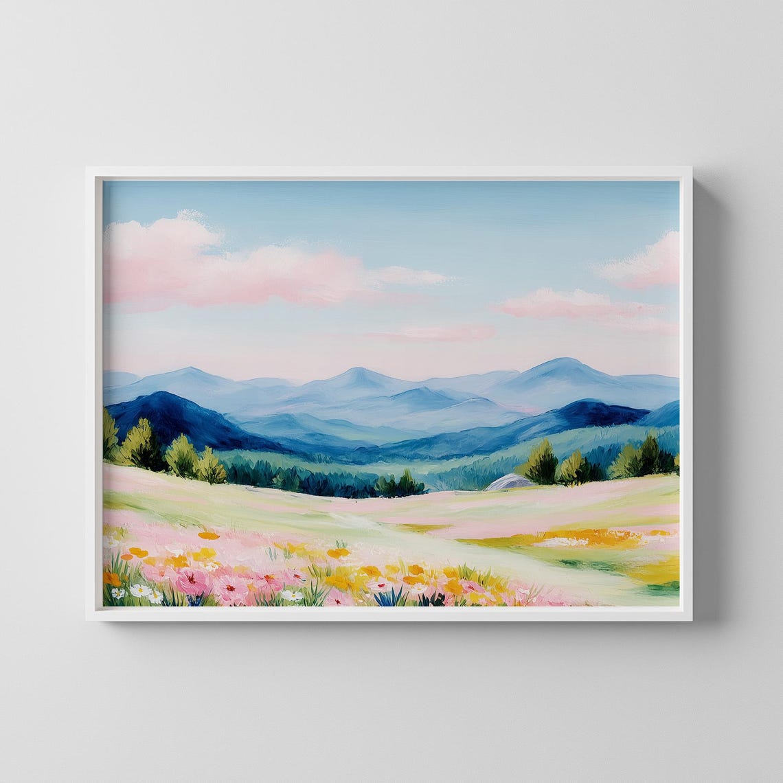 Soft Pastel Mountain Meadow with Blooming Wildflowers Art Print