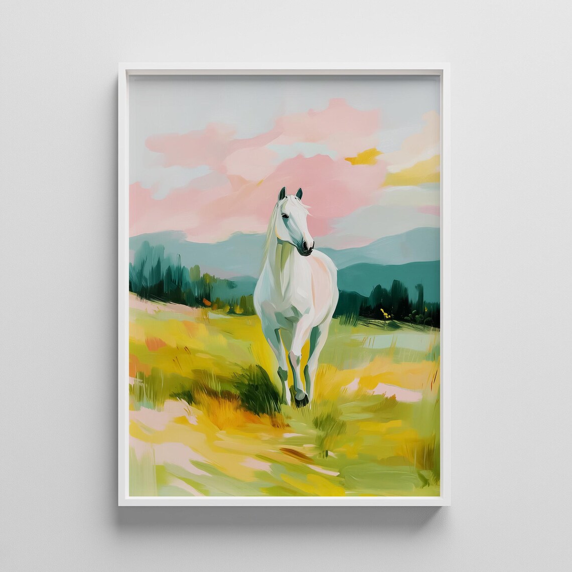 White Horse In Golden Meadow At Sunset Equestrian Art Poster