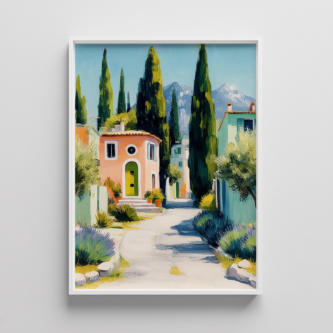 Provence Village Street With Cypress Trees Sunny Painting Poster