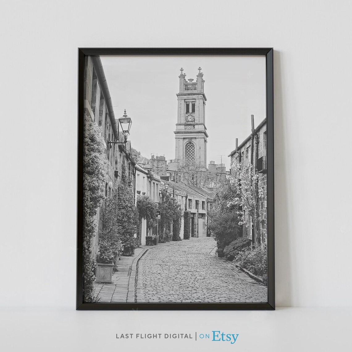 Scotland Edinburgh Circus Lane Cobblestone Street Black White Poster