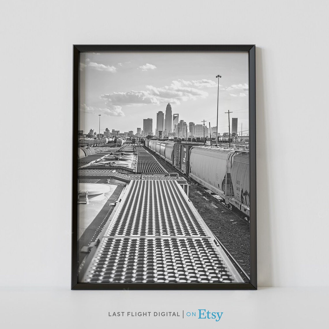 Charlotte North Carolina Train Yard Skyline Black White Poster