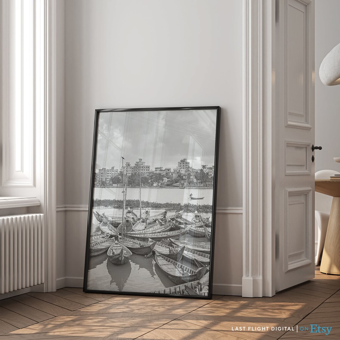 Bangladesh Dhaka River Wooden Boats Harbor Black White Poster - Image 4
