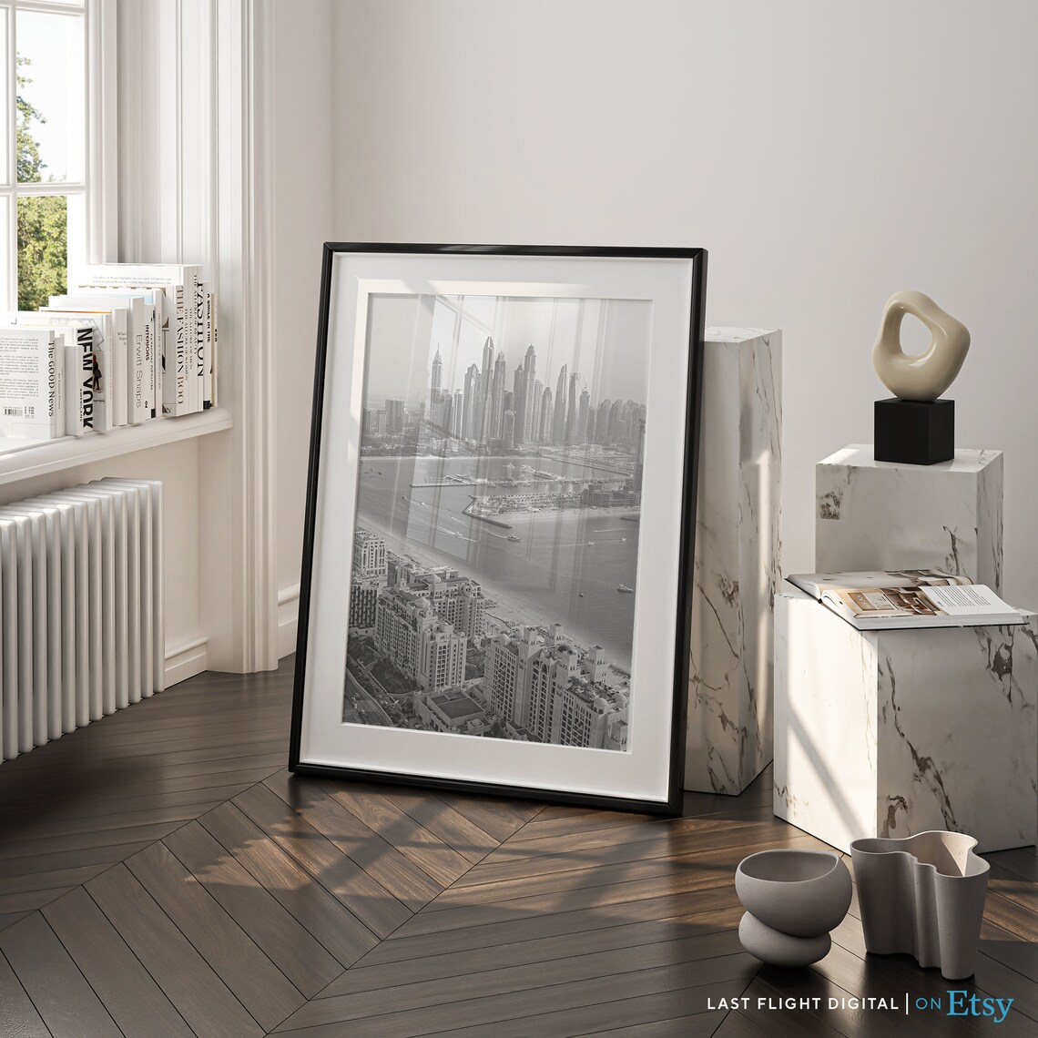 Dubai Marina Skyline Aerial Coastline Black And White Photo Poster - Image 5