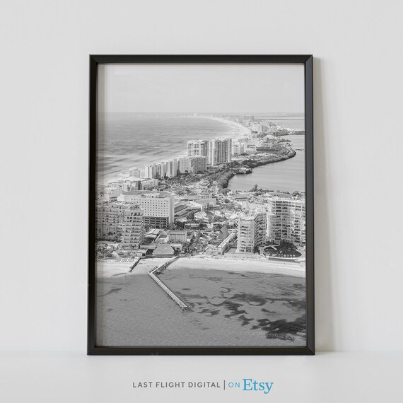Cancun Print Mexico Print Mexico Poster Cancun Poster Black And White Photo Skyline Beach Coastal Tropical Cityscape Wall Art