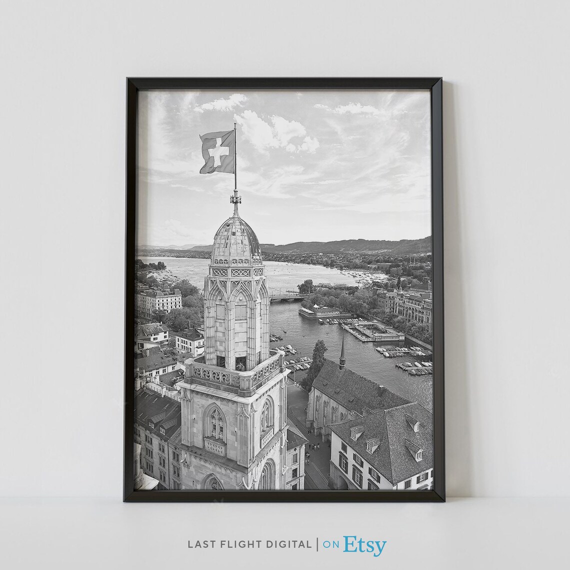 Zurich Church Tower Swiss Flag Lake View Black And White Photo Poster