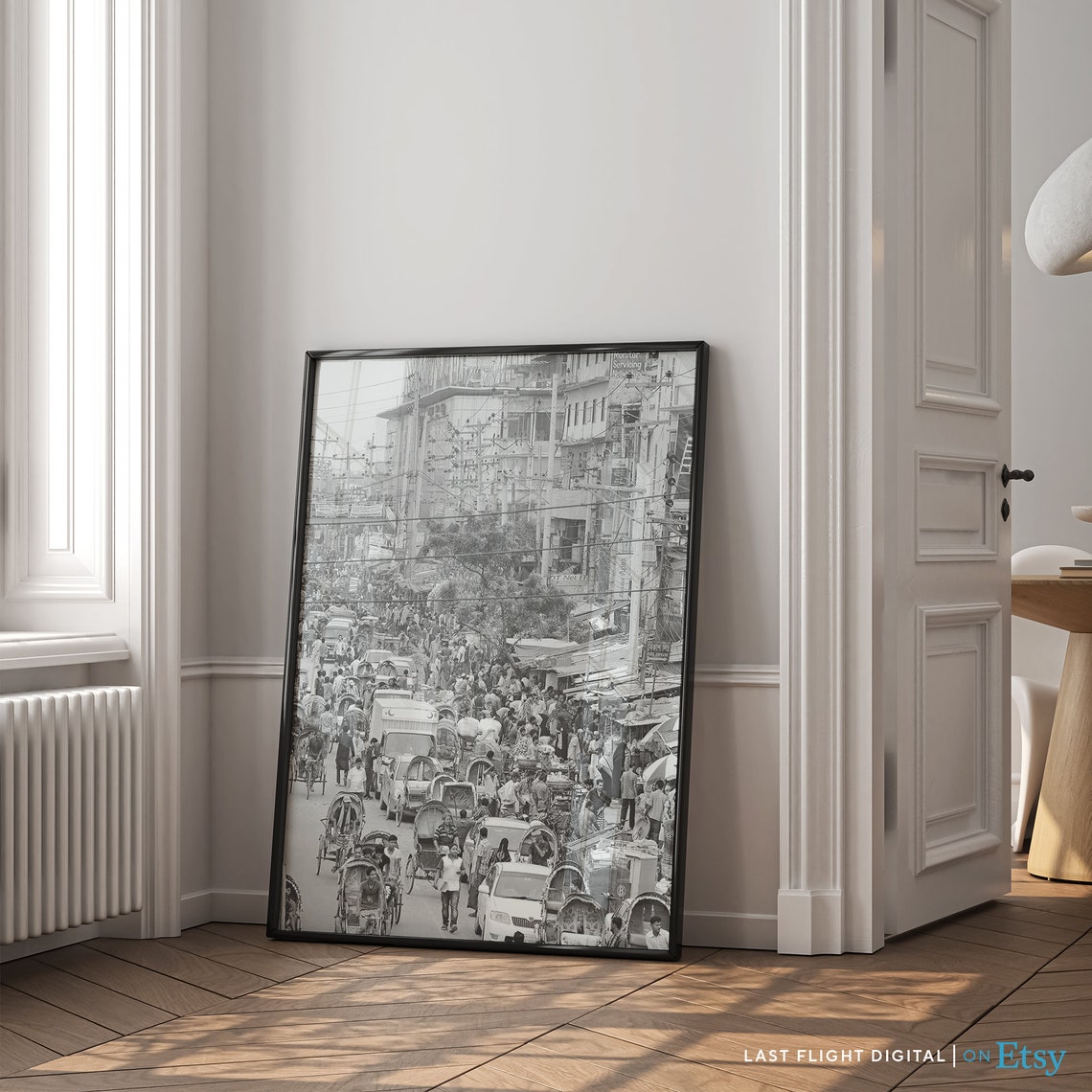 Bangladesh Dhaka Rickshaw Crowded Street Scene Black White Poster - Image 4