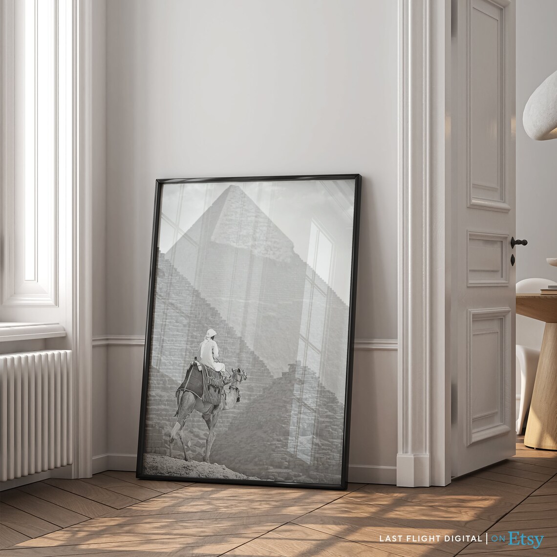 Egypt Giza Pyramid Camel Rider Desert Silhouette Black White Poster - Image 3