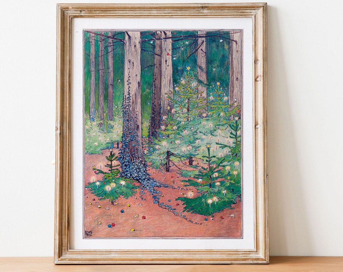 Enchanted Candlelit Christmas Trees in Snowy Pine Forest Vintage Print