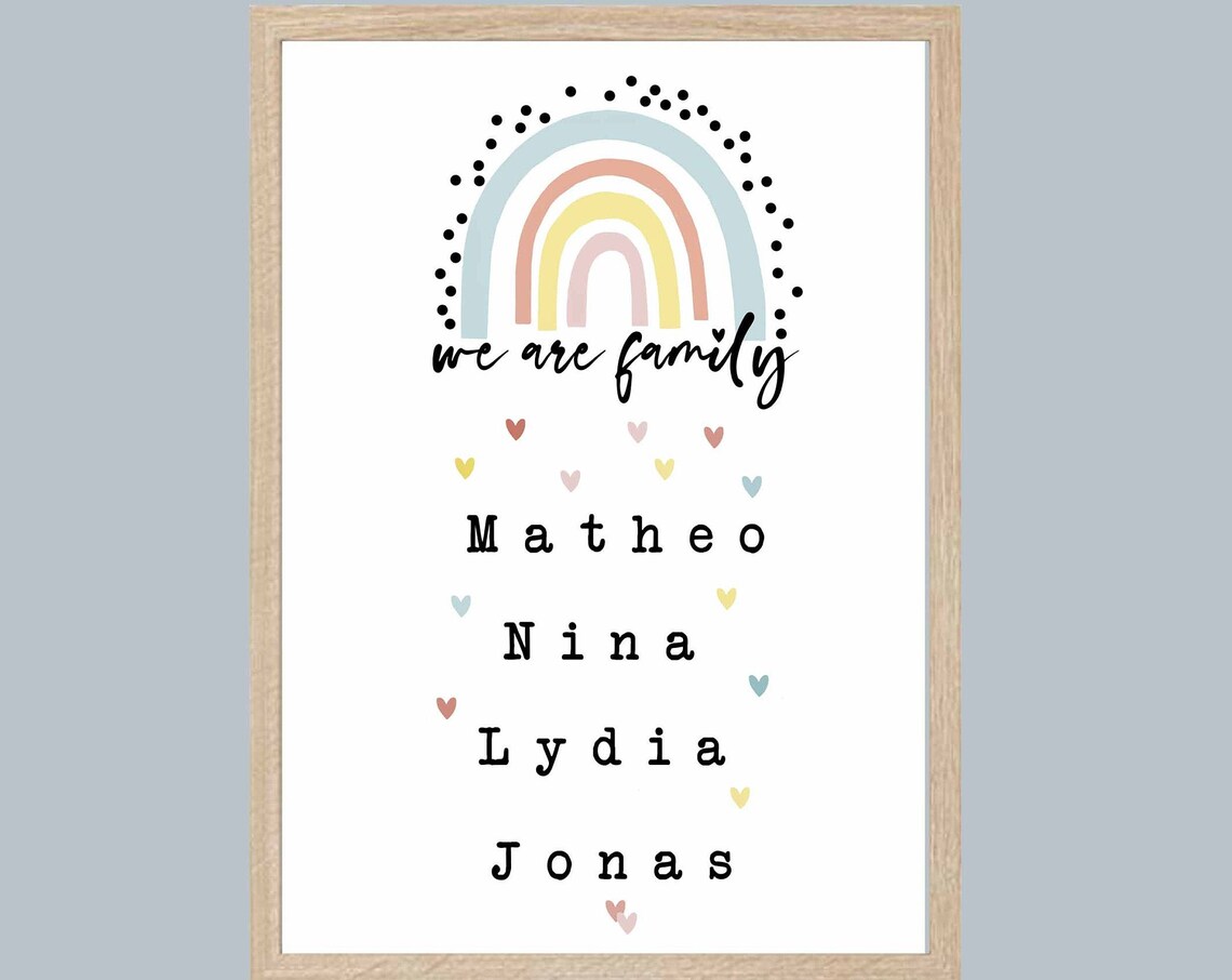 We Are Family Rainbow Personalized Names Kids Room Art Poster
