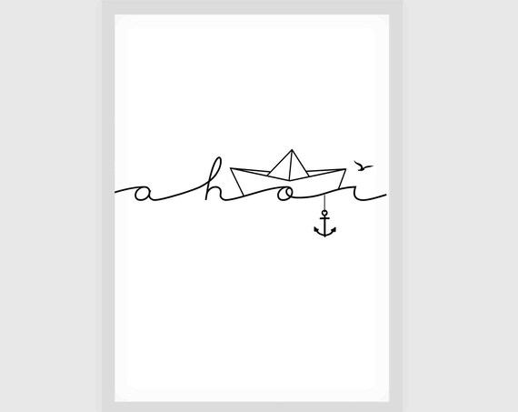 Ahoi One Line Paper Boat Anchor Wave Minimalist Nautical Art Poster