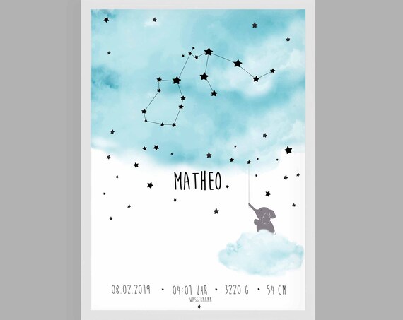 Personalized Aquarius Star Sign Baby Birth Details Art Poster