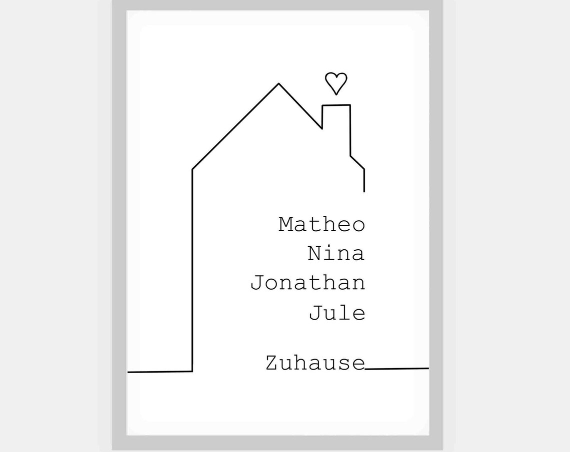 Minimalist House Line Art With Family Names And Heart Home Poster