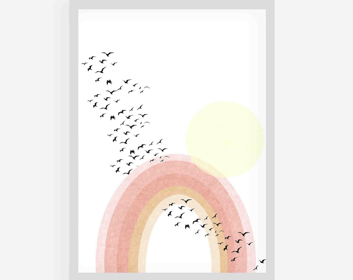 Watercolor Rainbow Flock of Birds Pale Sun Nursery Art Poster