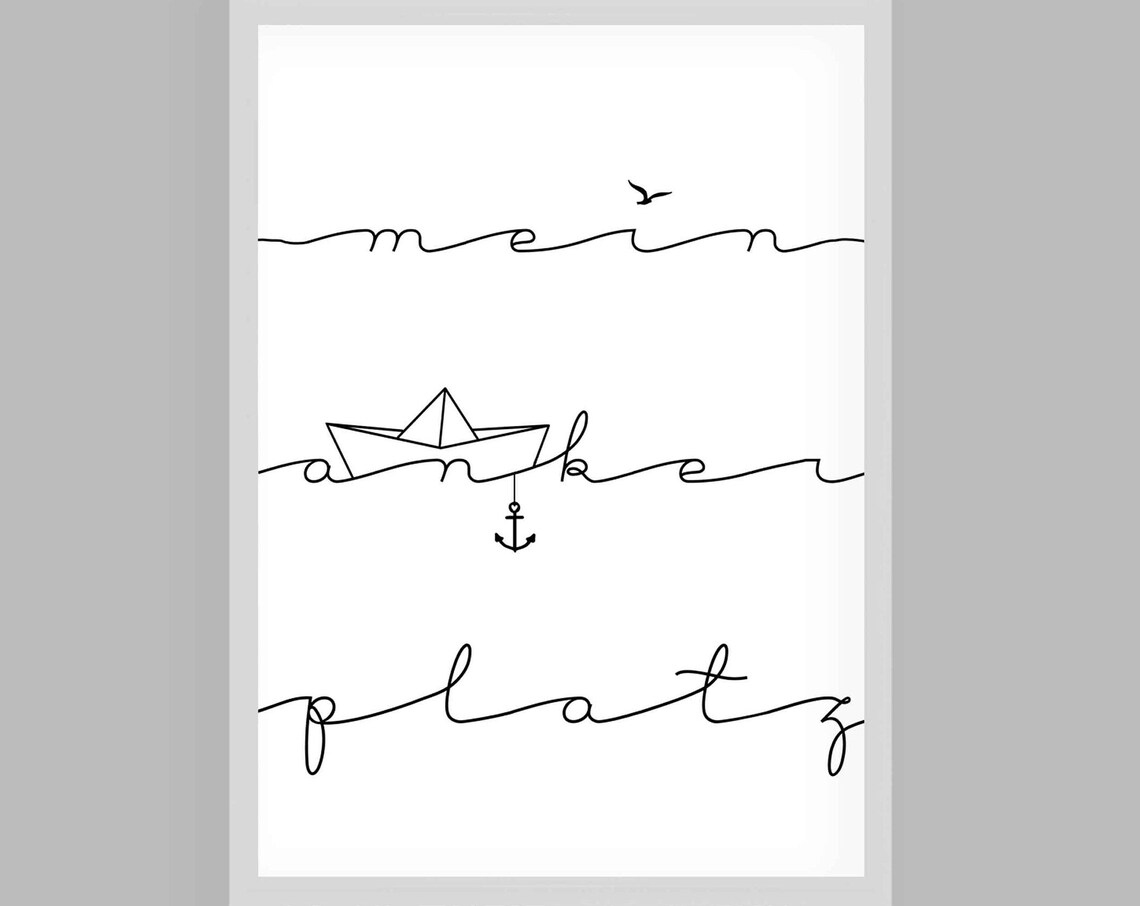 Single Line Drawing Paper Boat Anchor Script German Quote Poster