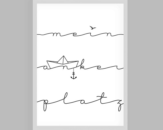 Single Line Drawing Paper Boat Anchor Script German Quote Poster