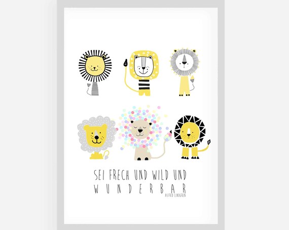 Six Cute Cartoon Lions Astrid Lindgren Quote Kids Art Poster