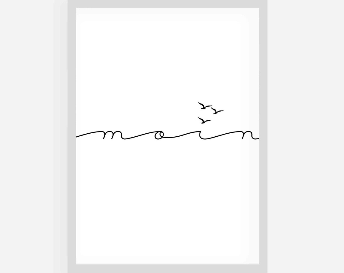 Moin One Line Wave Drawing with Seagulls Minimalist Art Poster