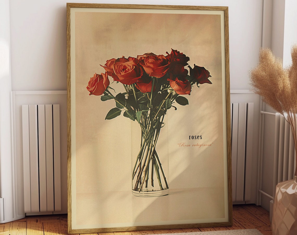 Vintage Vase Of Red Roses Art Print
