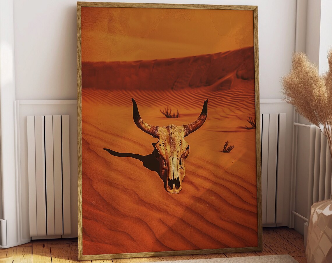 Cow Skull Western Art Print, Retro Sonoran Desert