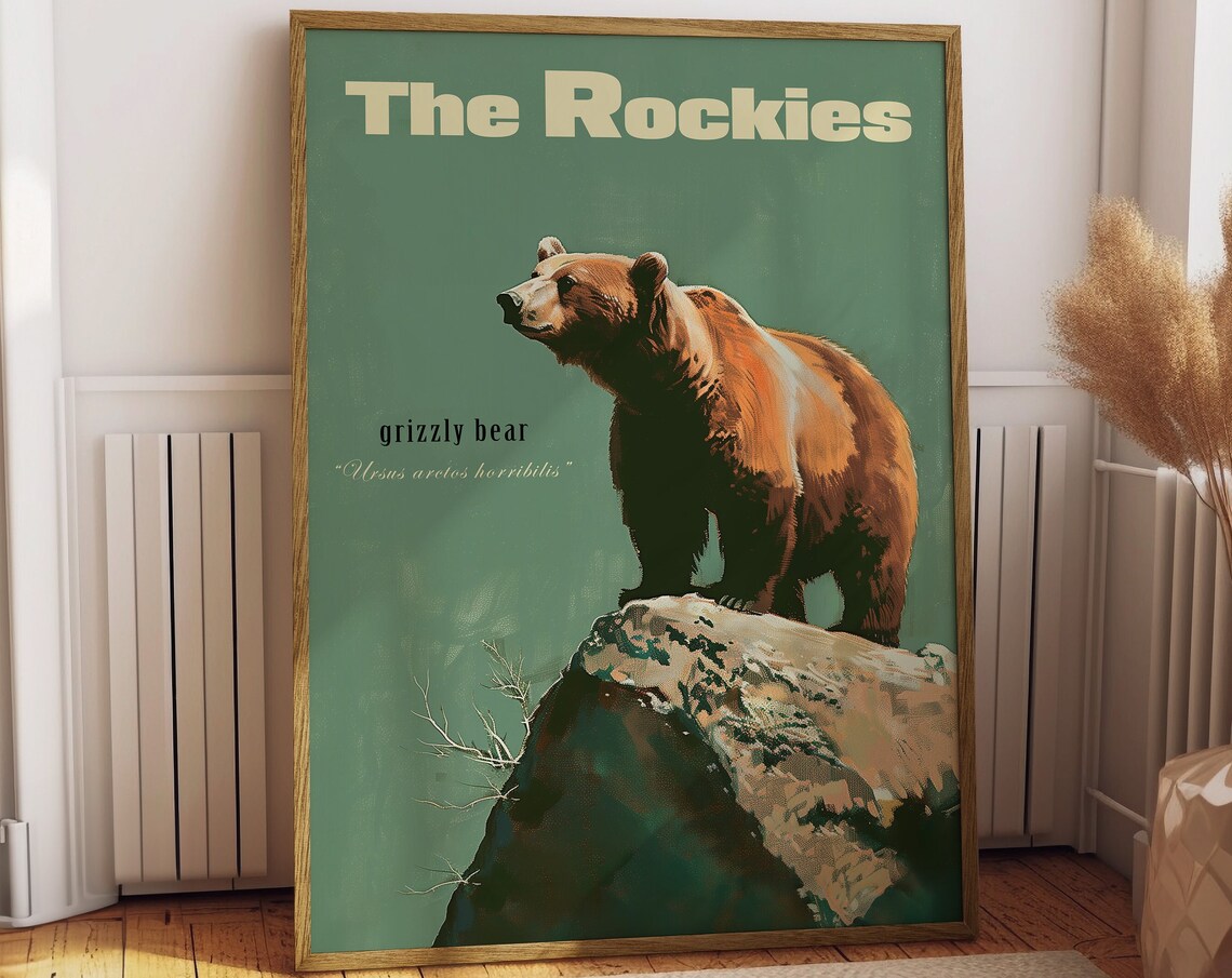 Vintage Grizzly Bear Travel Poster, Rocky Mountains