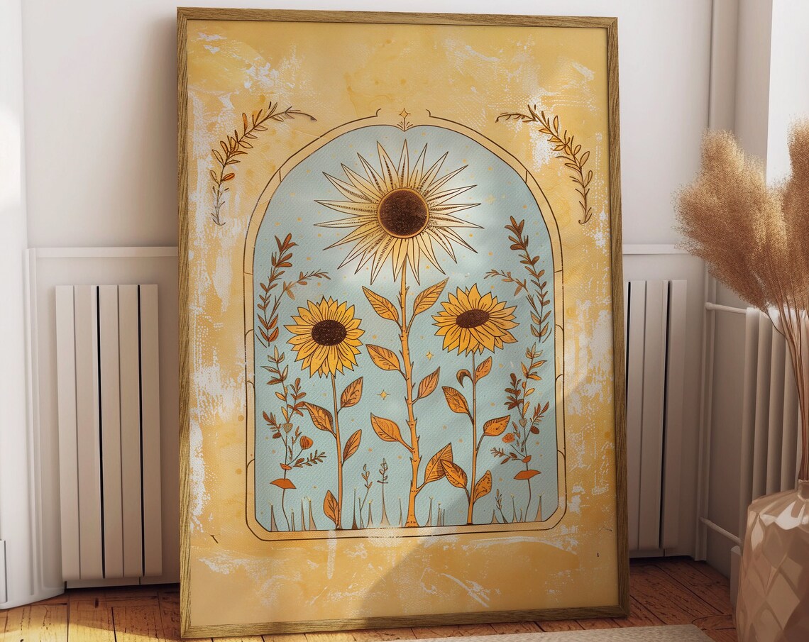 Sunflower Sun Art Poster, Mystical Folk Art Print