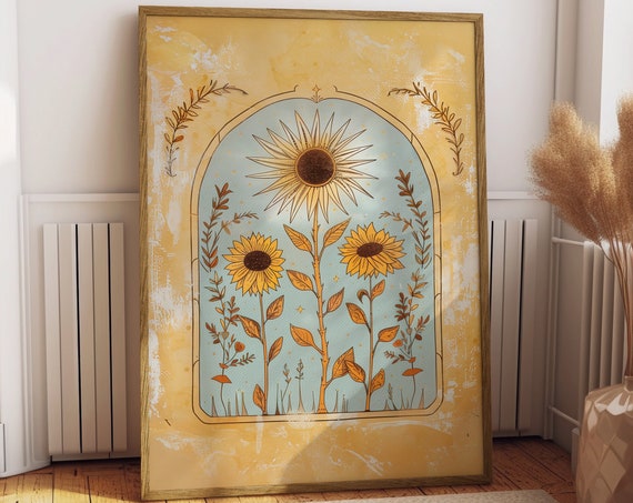 Sunflower Sun Art Poster, Mystical Folk Art Print