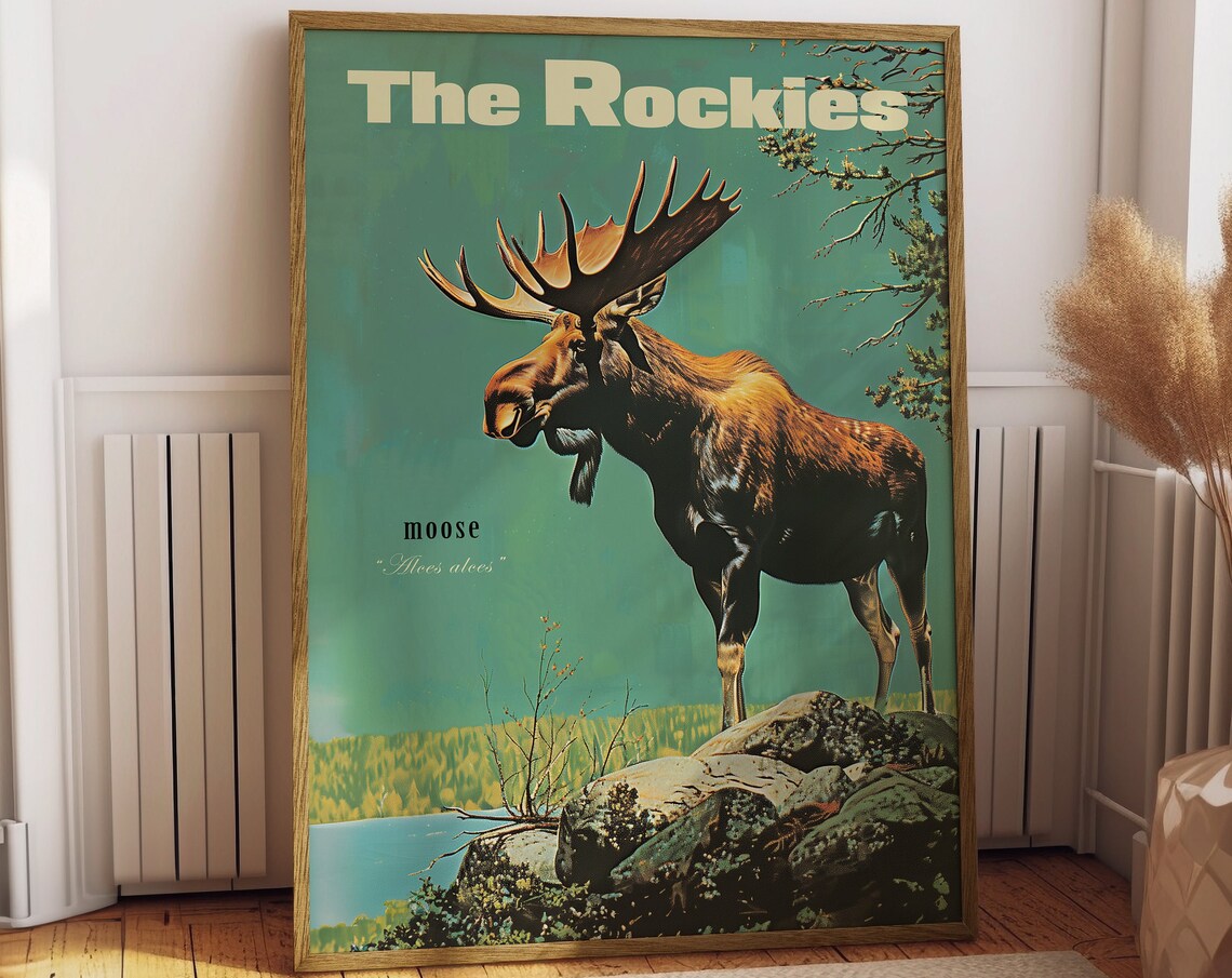 Vintage Moose Retro Hunting Poster, Rocky Mountains