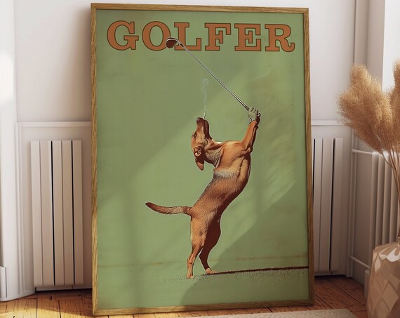 Funny Dog Golfing Vintage Poster, Man Cave Decor