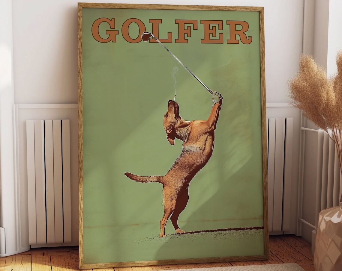Funny Dog Golfing Vintage Poster, Man Cave Decor