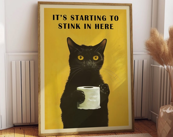 Black Cat Bathroom Humor Poster, Vintage Illustration