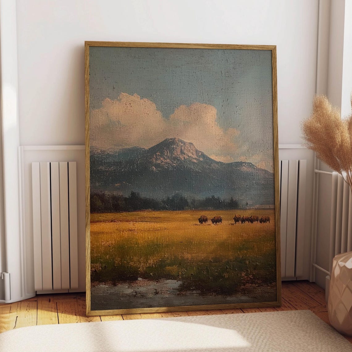 Bison Grazing in a Field, Vintage Oil Painting