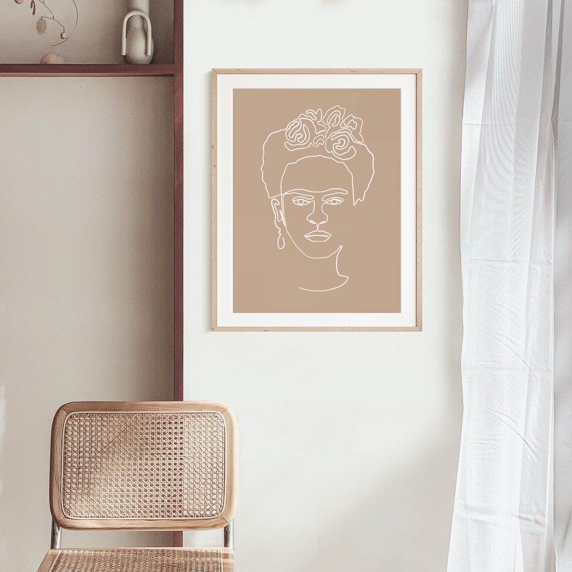 Frida Kahlo One Line Woman Portrait in White Ink on Grey Poster - Image 2