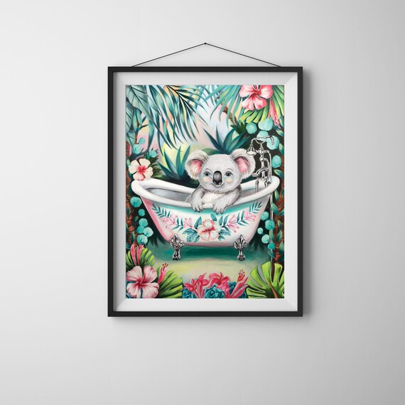 Koala in Bathtub Poster Funny Tropical Bathroom Nursery Decor