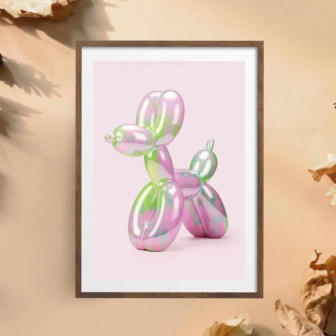 Iridescent Balloon Dog Sculpture Pastel Pink Pop Art Playful Wall Art