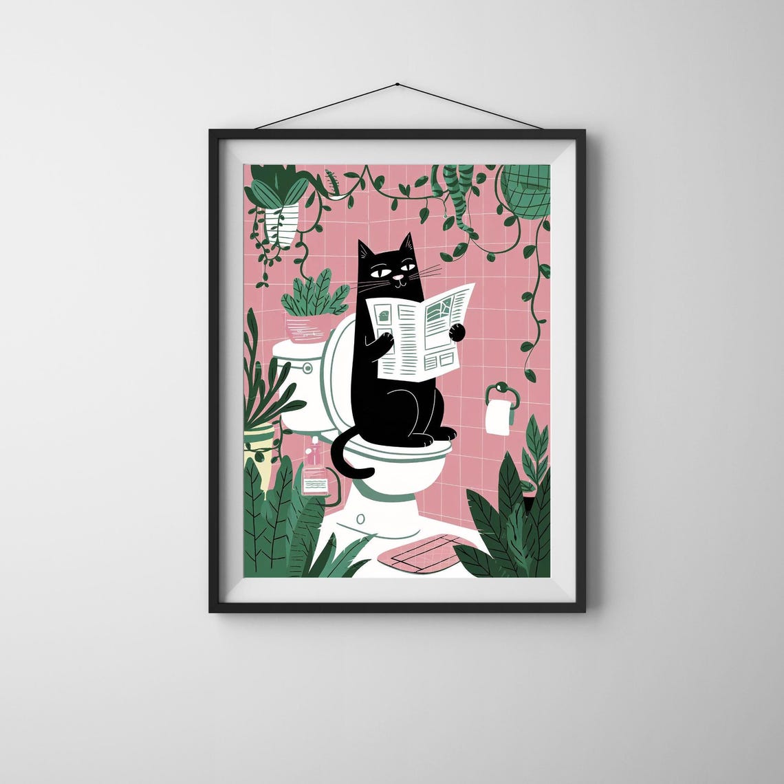 Funny Black Cat Reading Newspaper on Toilet Bathroom Art Poster