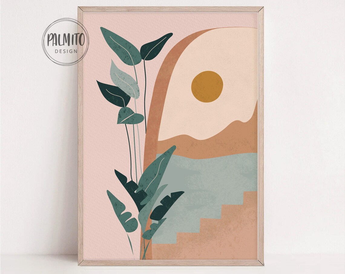 Tropical Landscape Print Neutral Boho Illustration Beach Art Wall Art Instant Coastal Decor Plants Poster Boho Pic