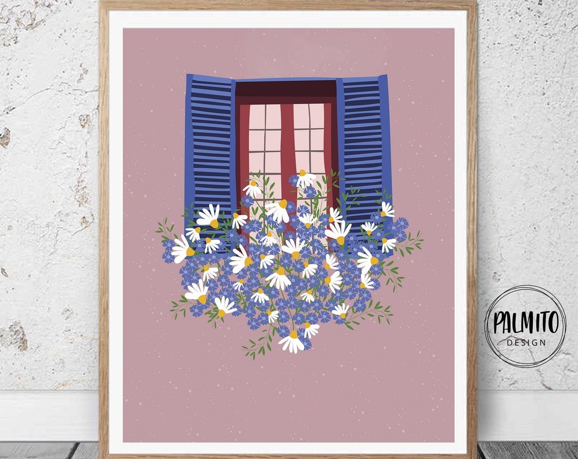 Blue Shutter Window with Daisies Pink Floral Illustration Poster