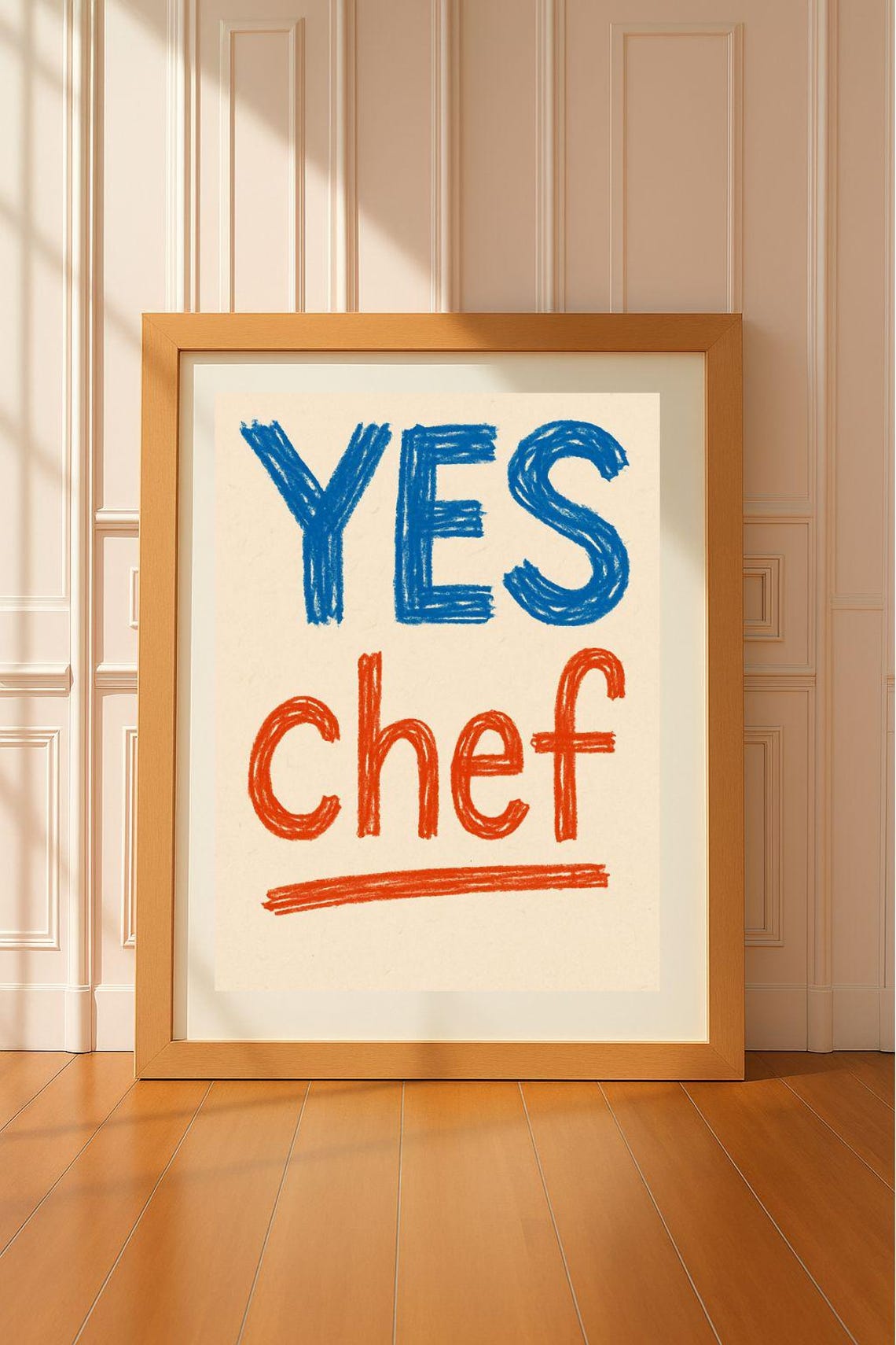 Yes Chef Crayon Scribble Blue Red Handdrawn Kitchen Quote Poster