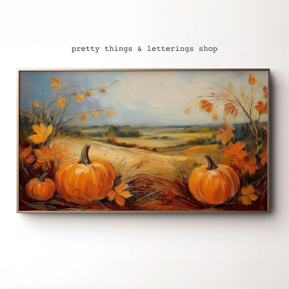 Autumn Landscape Painting Pumpkins Fall Foliage Field Poster
