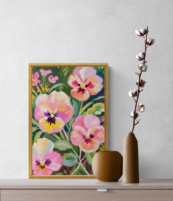 Pink Purple Pansy Blooms Close Up Lush Garden Floral Painting Art Poster