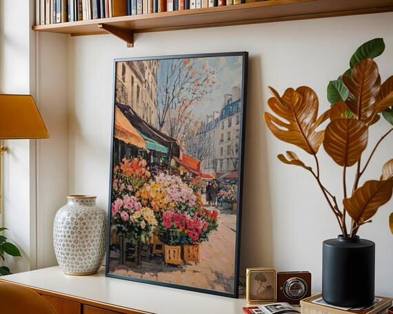 Paris Flower Market Stalls Spring Street Impressionist Travel Poster