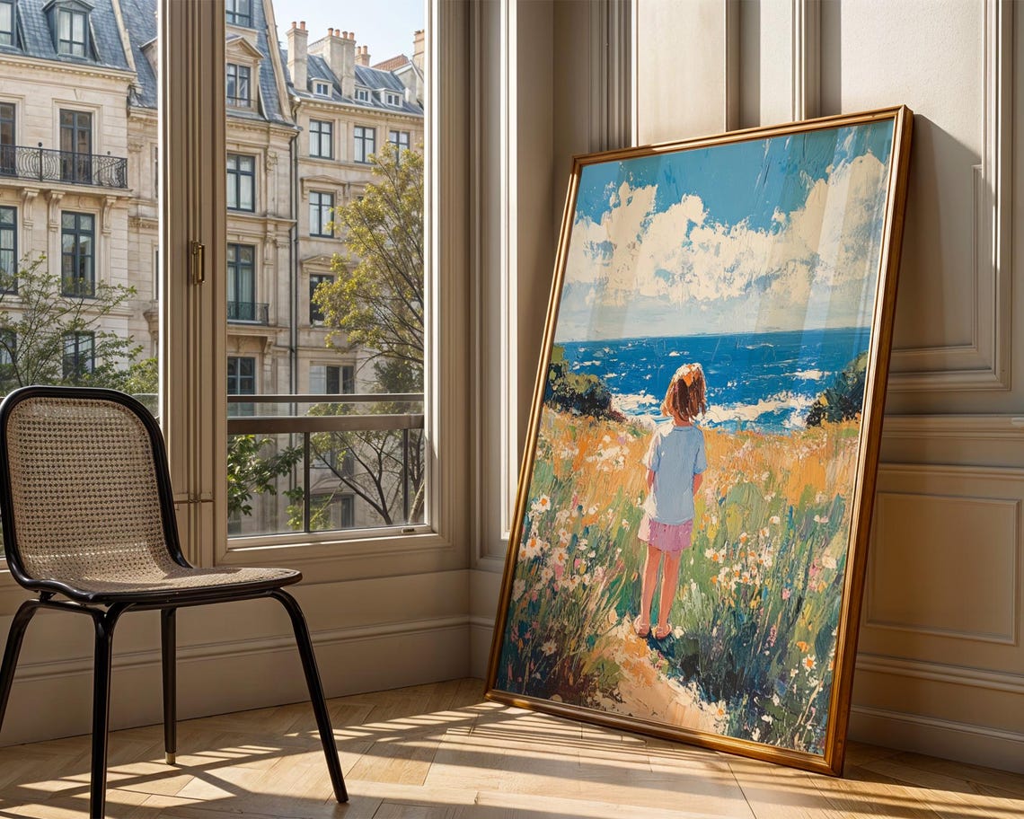 Little Girl In Wildflowers Overlooking Blue Ocean Impressionist Poster - Image 3