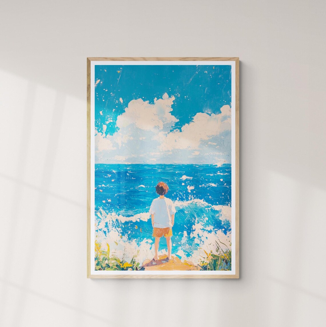 Young Boy Watching Ocean Waves Impressionist Coastal Seascape Art Poster - Image 3