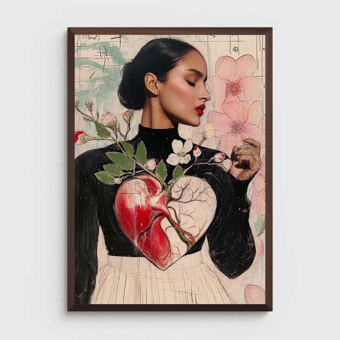 Elegant Woman Profile with Anatomical Heart Cherry Blossom Poster