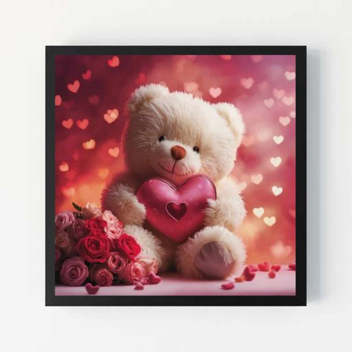 Adorable Teddy Bear Holding Pink Heart with Roses Valentine Poster