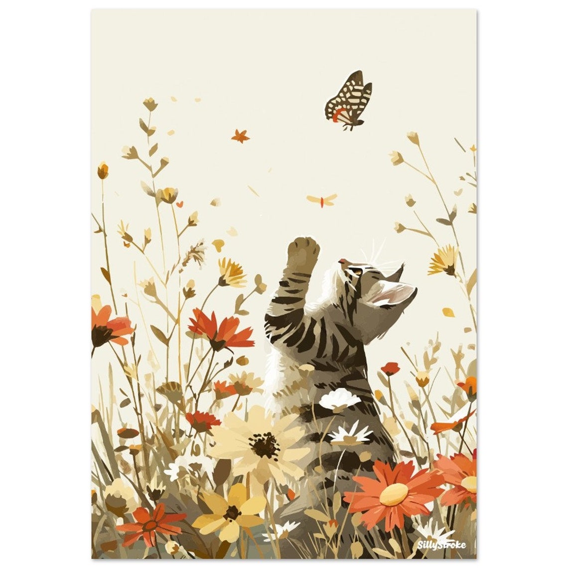 Playful Tabby Kitten Chasing Butterfly In A Wildflower Garden Poster - Image 2