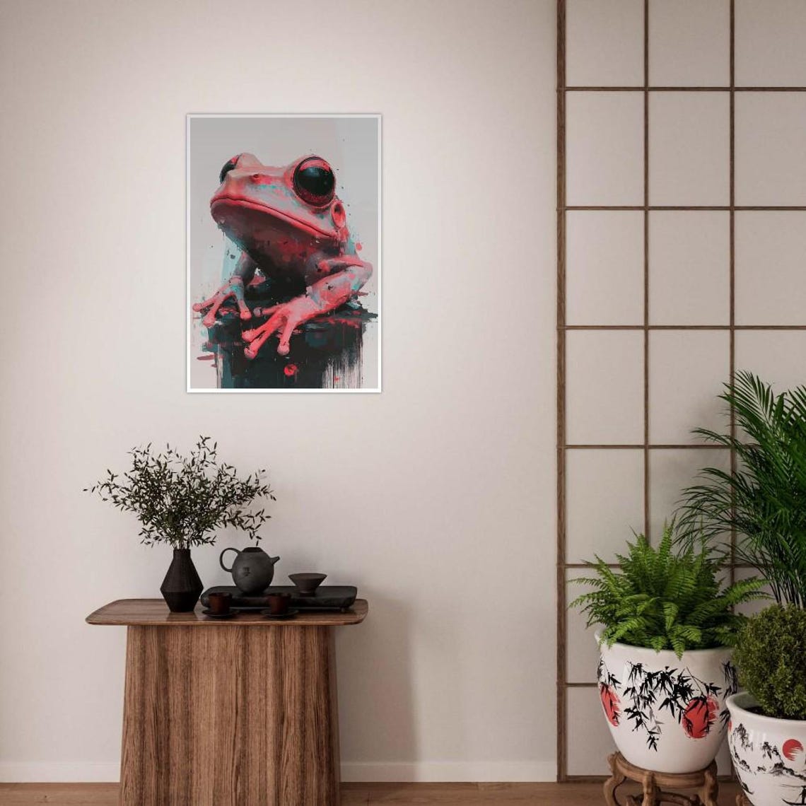 Neon Pink Frog Close Up With Teal Paint Splash Artwork Poster - Image 3