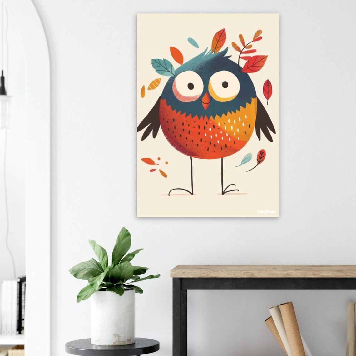Round Owl Cartoon With Big Eyes Autumn Leaves Nursery Poster - Image 2
