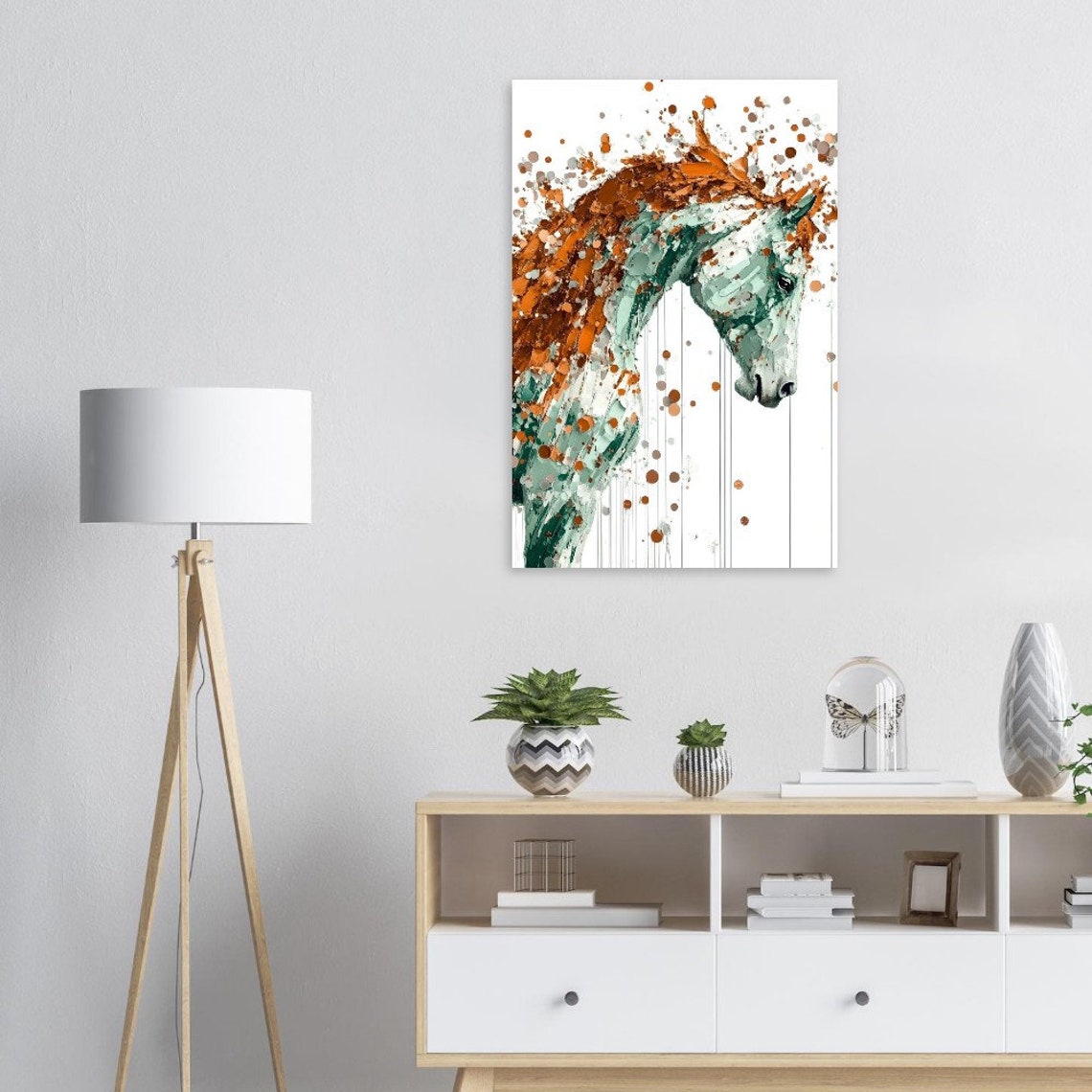 Abstract Paint Splatter Horse Portrait Copper Teal Art Poster - Image 3